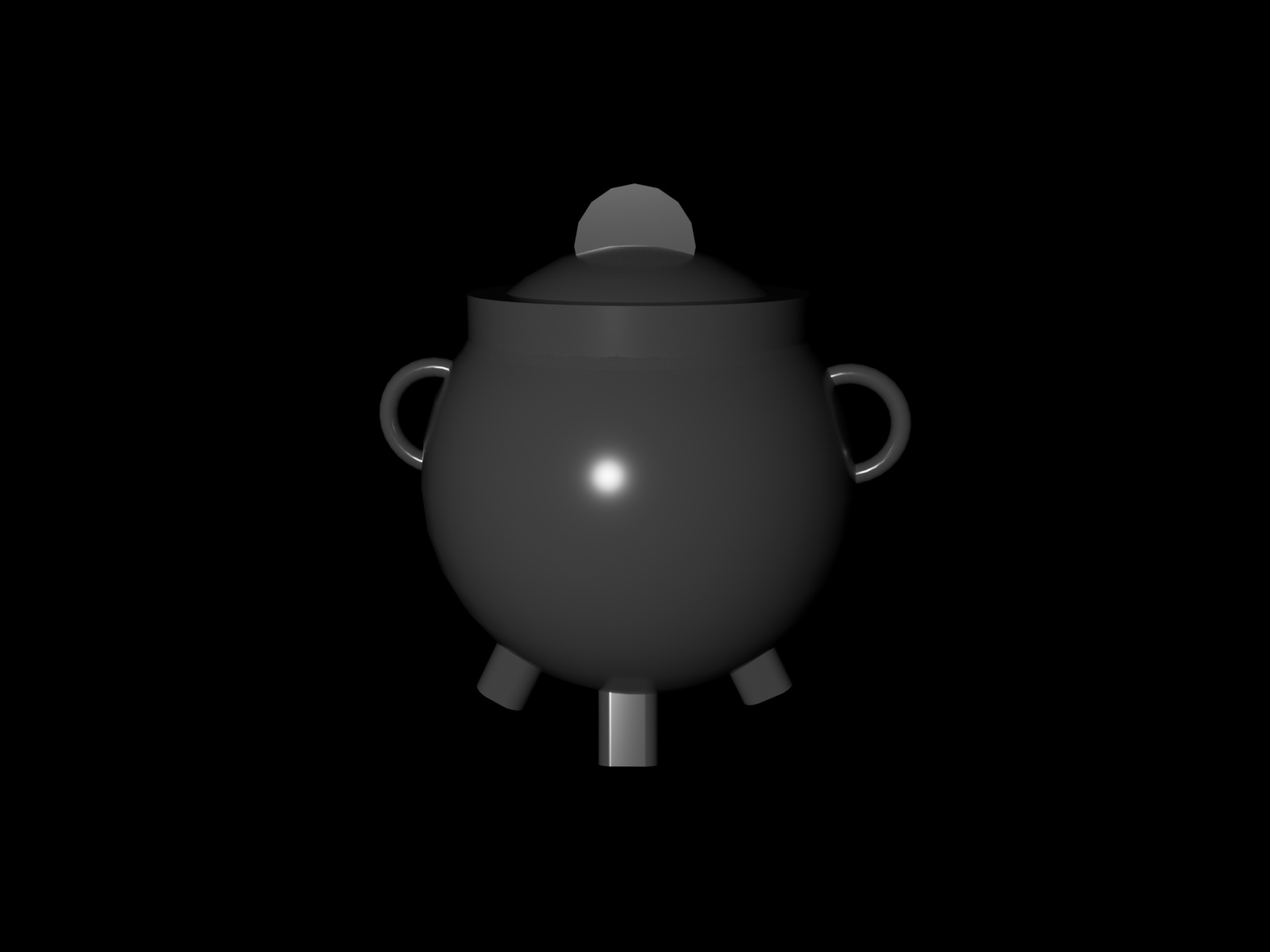 This was the final design I made, and different from my earlier projects, I did not need outside help because I already learned a lot from the models before. Because of this, I was able to build the cauldron quite fast. I used a photo of my own small cauldron as reference to keep the proportions and shape correct. I built the model with spheres, cylinders, cubes, and toruses to make the body, lid, handles, and legs. I gave it a dark reflective material so it looks metallic. I am happy with the result, but I think it can still improve, especially making the curves more wavy and natural, which would give the cauldron a smoother and more finished look.
