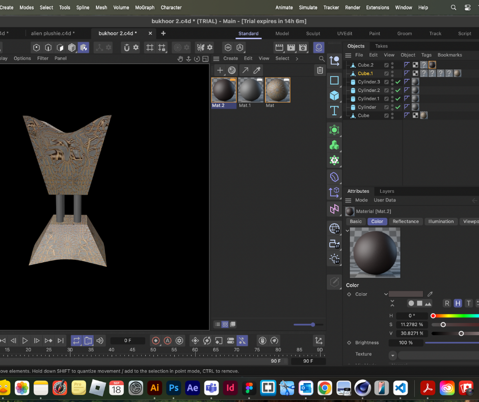 I made the bukhoor burner using cubes and cylinders. I changed the size and position to match the tall top, the round pillars, and the base. I took a close-up photo of the real bukhoor and used it as a texture in the Material Manager. I put the texture on the surfaces myself and tested different projections until it looked good. AI helped me understand how to organize materials and explained how textures can wrap better, but the photo and setup of the texture were my own work.
