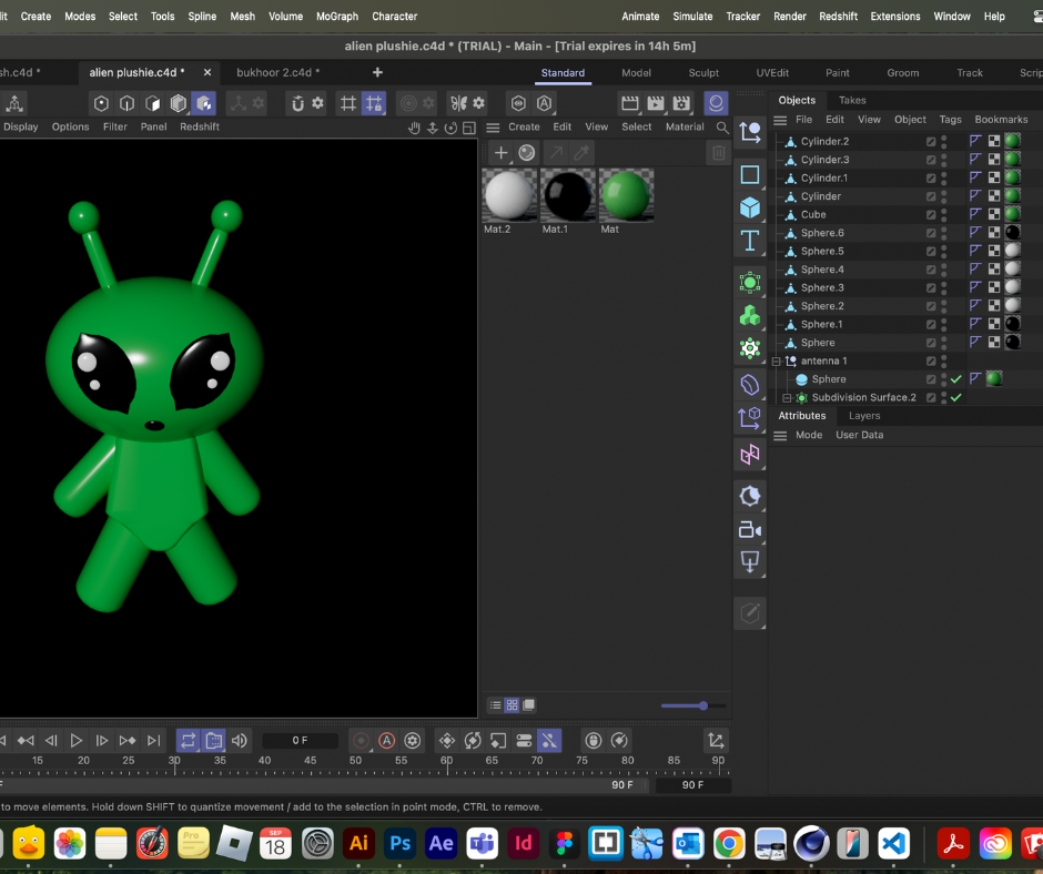 I created the alien plushie with spheres for the head and body and cylinders for the arms, legs, and antennas. I used subdivision surfaces to make the shapes smooth, and I flattened spheres to make the eyes. I moved and scaled the parts by hand until the shape looked close to the plush. AI showed me how to use the FFD deformer to change the head shape, but I built the antennas, eyes, and body proportions myself.