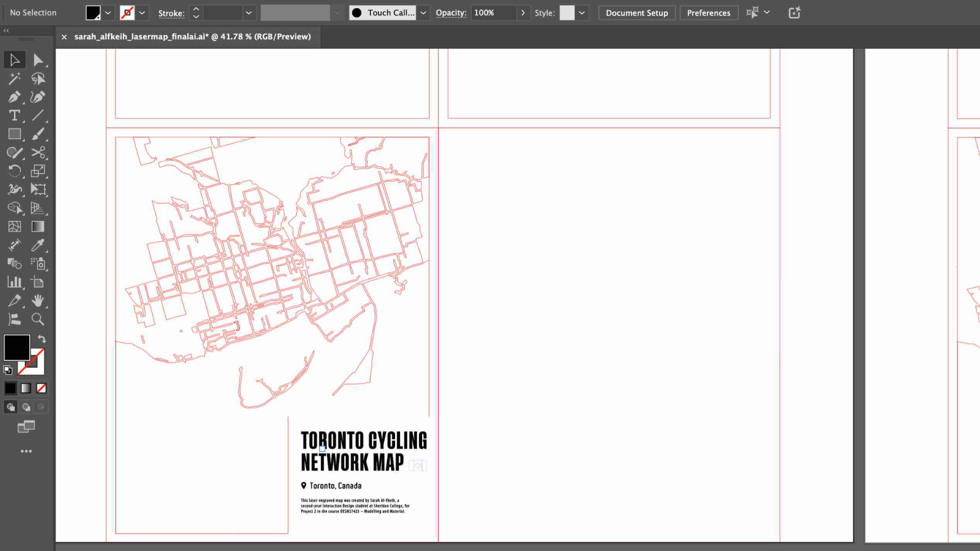 Here, I furthur refined my Toronto Cycling Network Map by adding text and layout details in Adobe Illustrator. I included a title, location, and project credit to make it look more professional and ready for presentation. During my test laser engraving, I noticed the text appeared too small, so I planned to increase the font size in the final version to improve readability once engraved on wood.