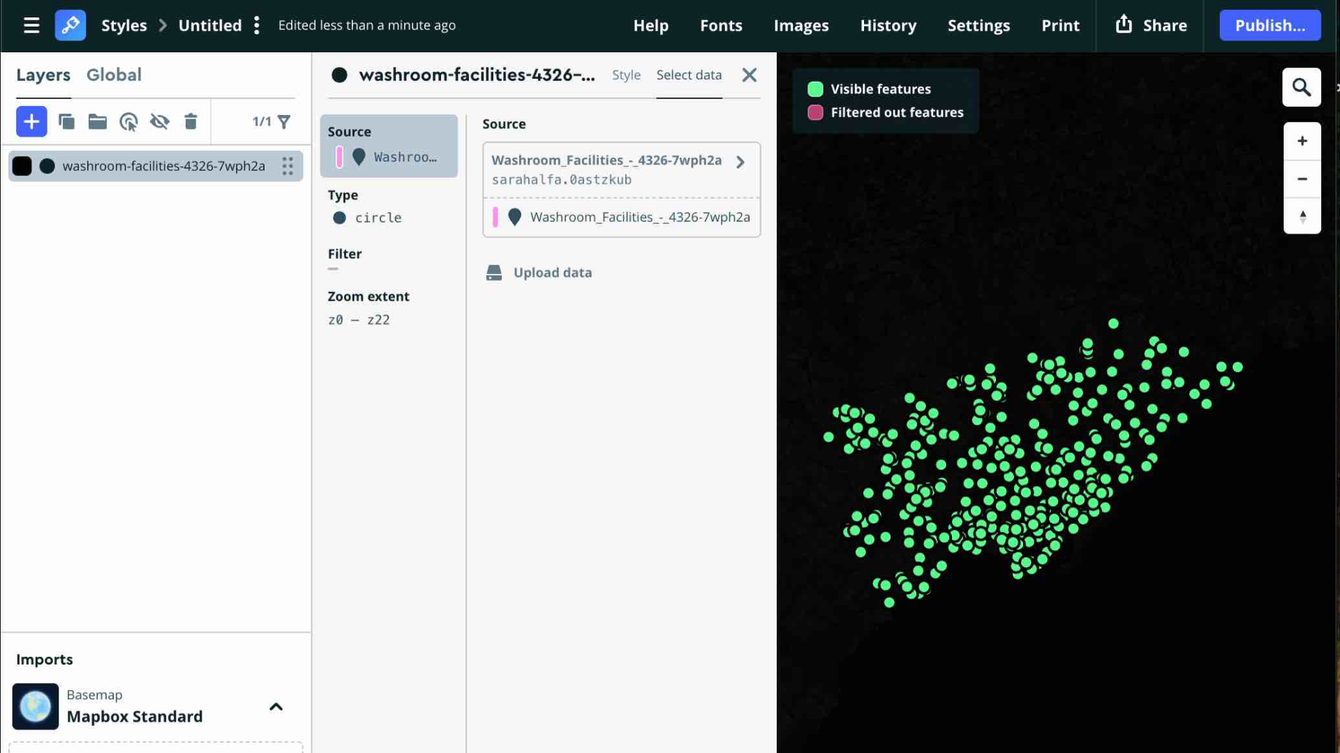In this step, I deleted my previous datasets and searched for new open data using the Toronto Open Data website. I chose to work with the public washroom facilities dataset and uploaded it into Mapbox Studio. This experiment was part of exploring how to find and visualize city-specific open data, focusing on resources relevant to Toronto, which I knew from the beginning was the city I wanted to laser-engrave.