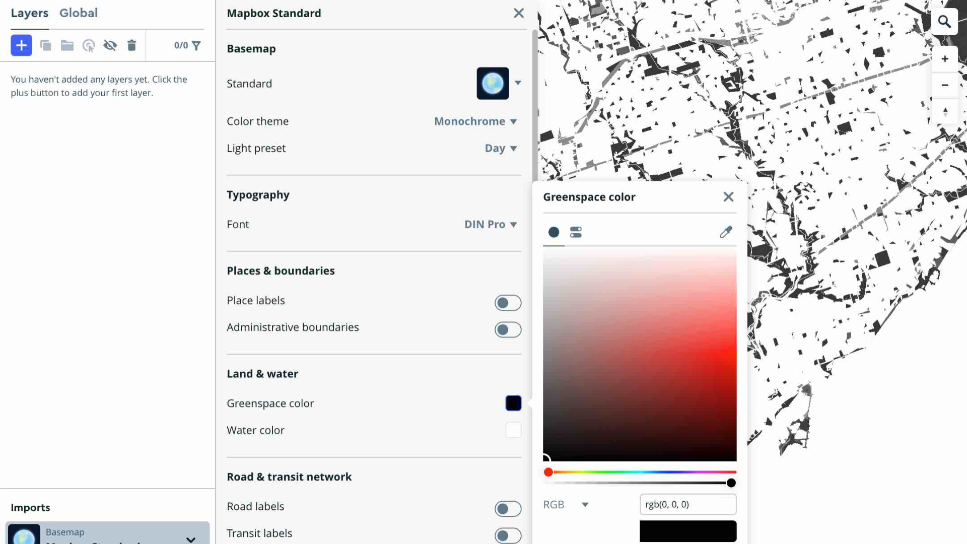 This image shows my Mapbox color adjustments in progress. I was finalizing the greenspace and water colors to make the layers ready for Illustrator conversion.