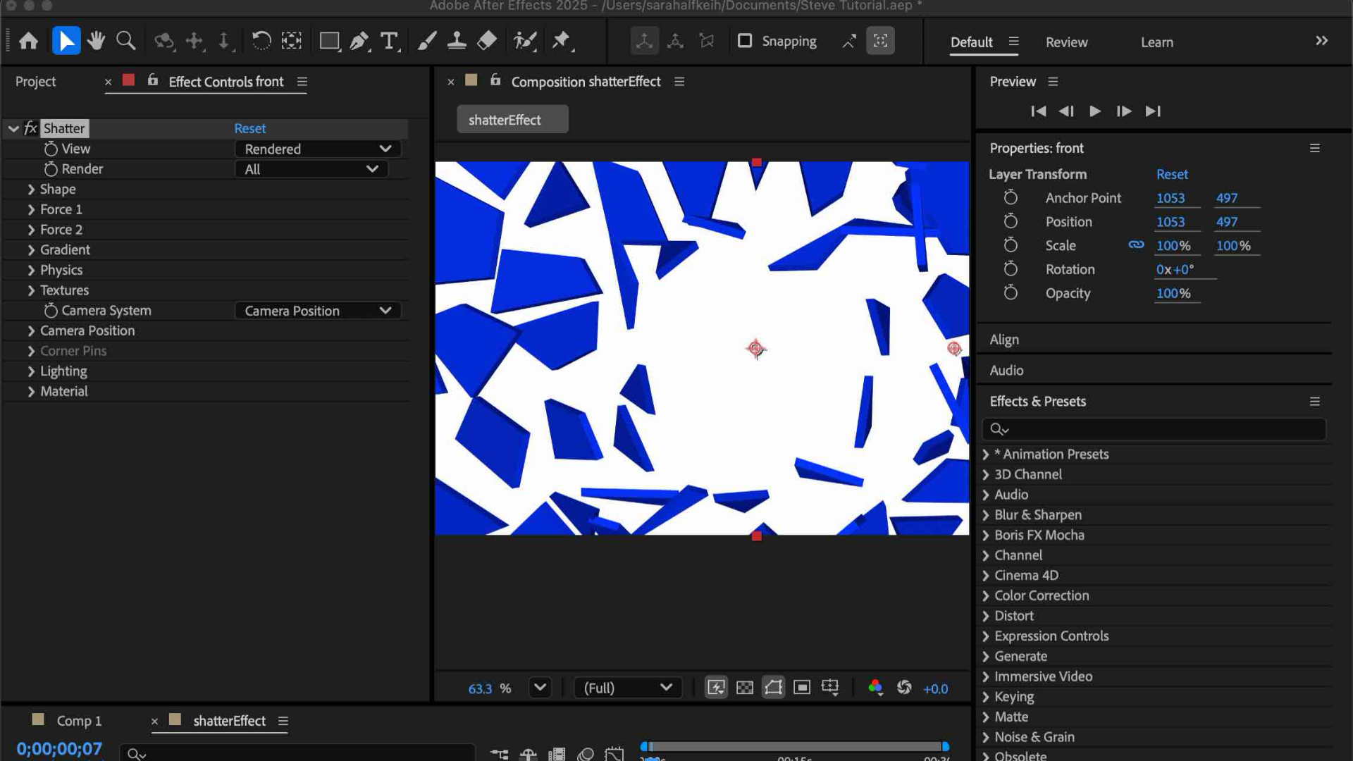 Here, I was experimenting with how the glass would break and scatter. I adjusted the lighting and depth to make the shatter look more dynamic and natural, following the tutorial’s next steps.