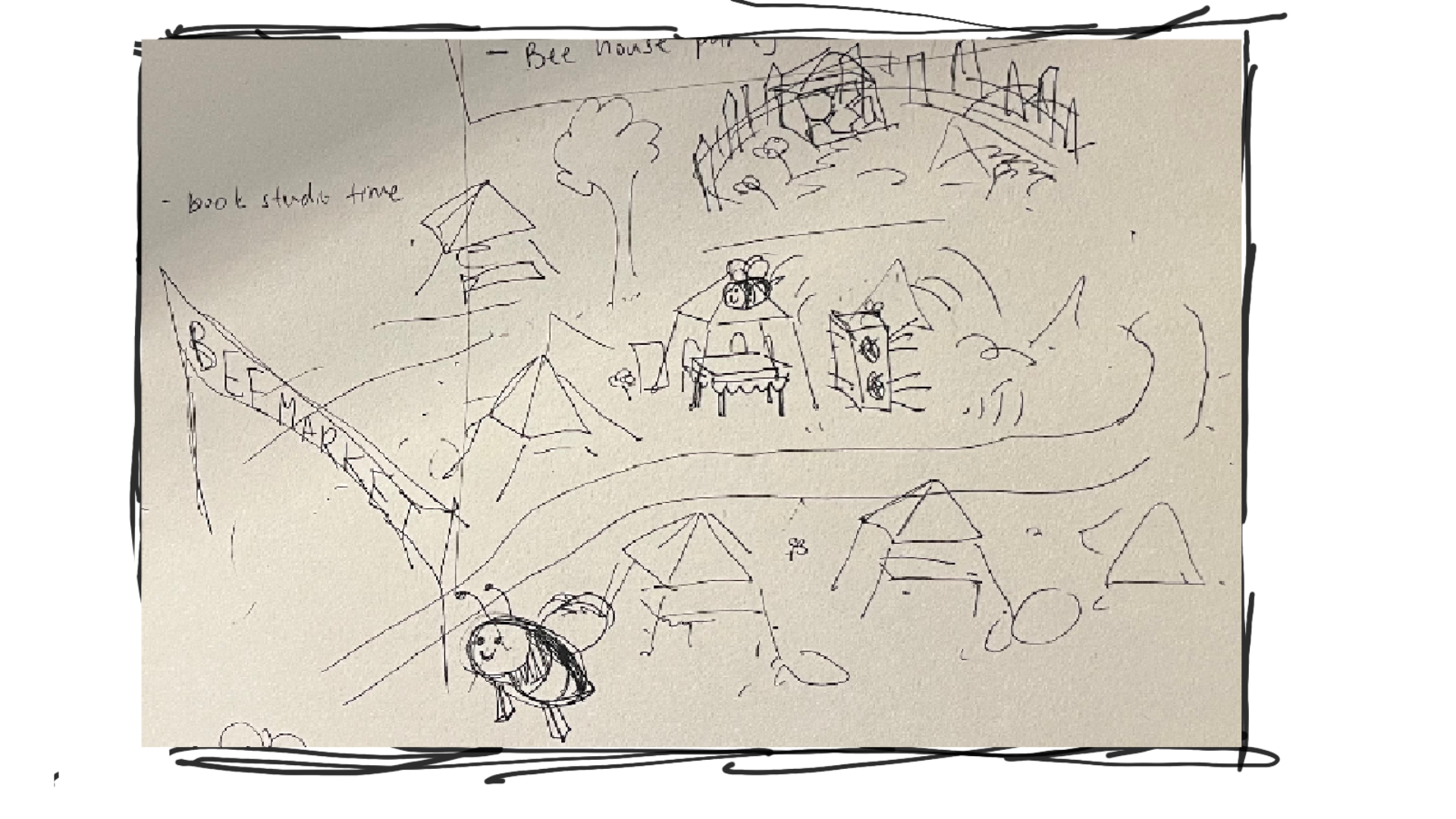 This final sketch expands both earlier ideas into a much larger Bee Market setup. It presents a more developed spatial environment with tents, booths, pathways, trees, and hive structures. The concept combines the honey-product festival with the Makey Makey sound-interaction idea, creating a multi-activity community experience. Inside the market, visitors could explore various booths, walk through interactive zones, and experience sound elements triggered by bees. The pathway visually guides visitors through the market, and the inclusion of the “Bee Market” banner reinforces the celebratory theme. This sketch aims to represent a fully realized concept—something that is both functional and imaginative, blending environmental awareness, interaction design, and Sheridan’s real campus ecosystem.