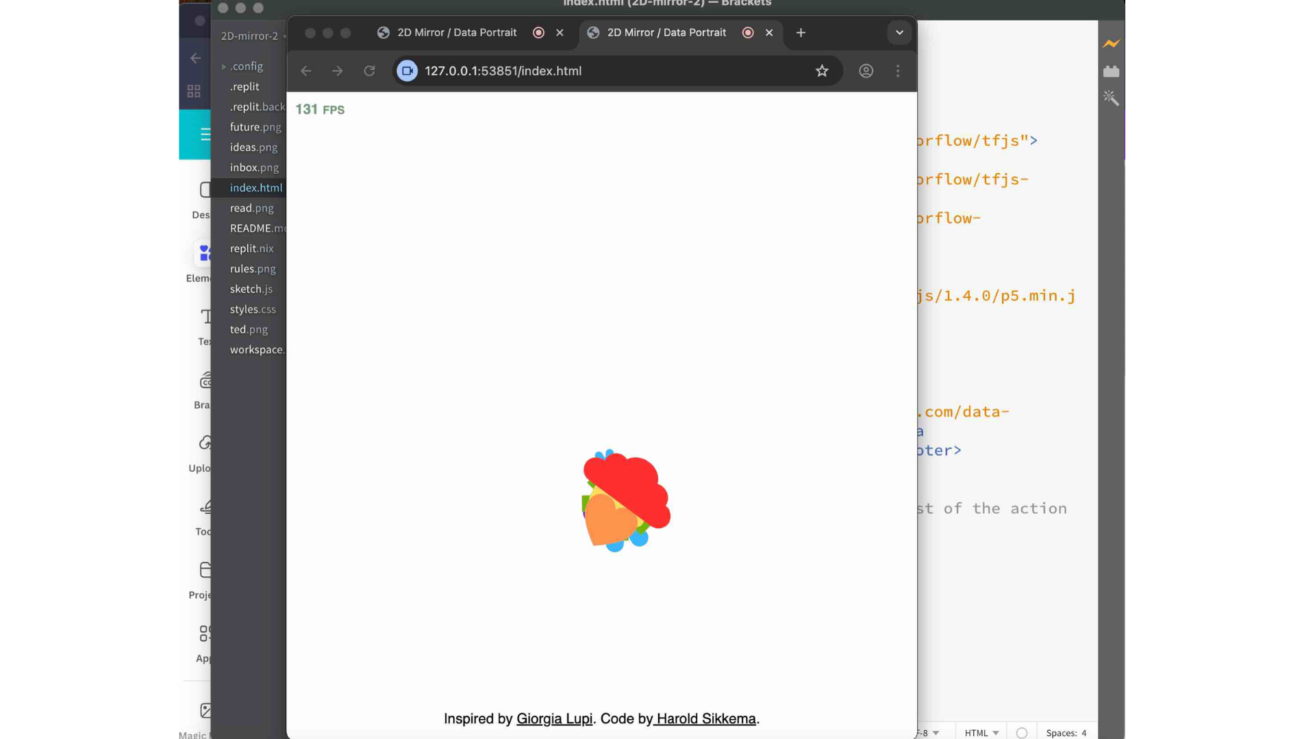 In this step, I ran the original p5.js BlazeFace template to understand how the face-tracking system works. I used this test to study how the images move, scale, and rotate according to my face landmarks before customizing anything for my own project.