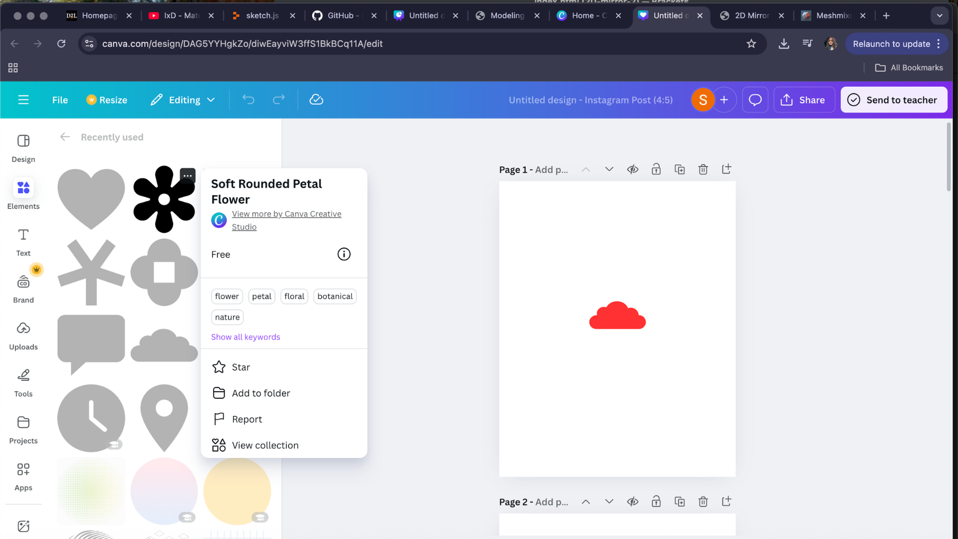 At this point, I selected the “soft rounded petal” graphic as one of my main elements. I tested how these shapes could represent emotion, softness, or childhood memories once animated inside the p5 canvas.