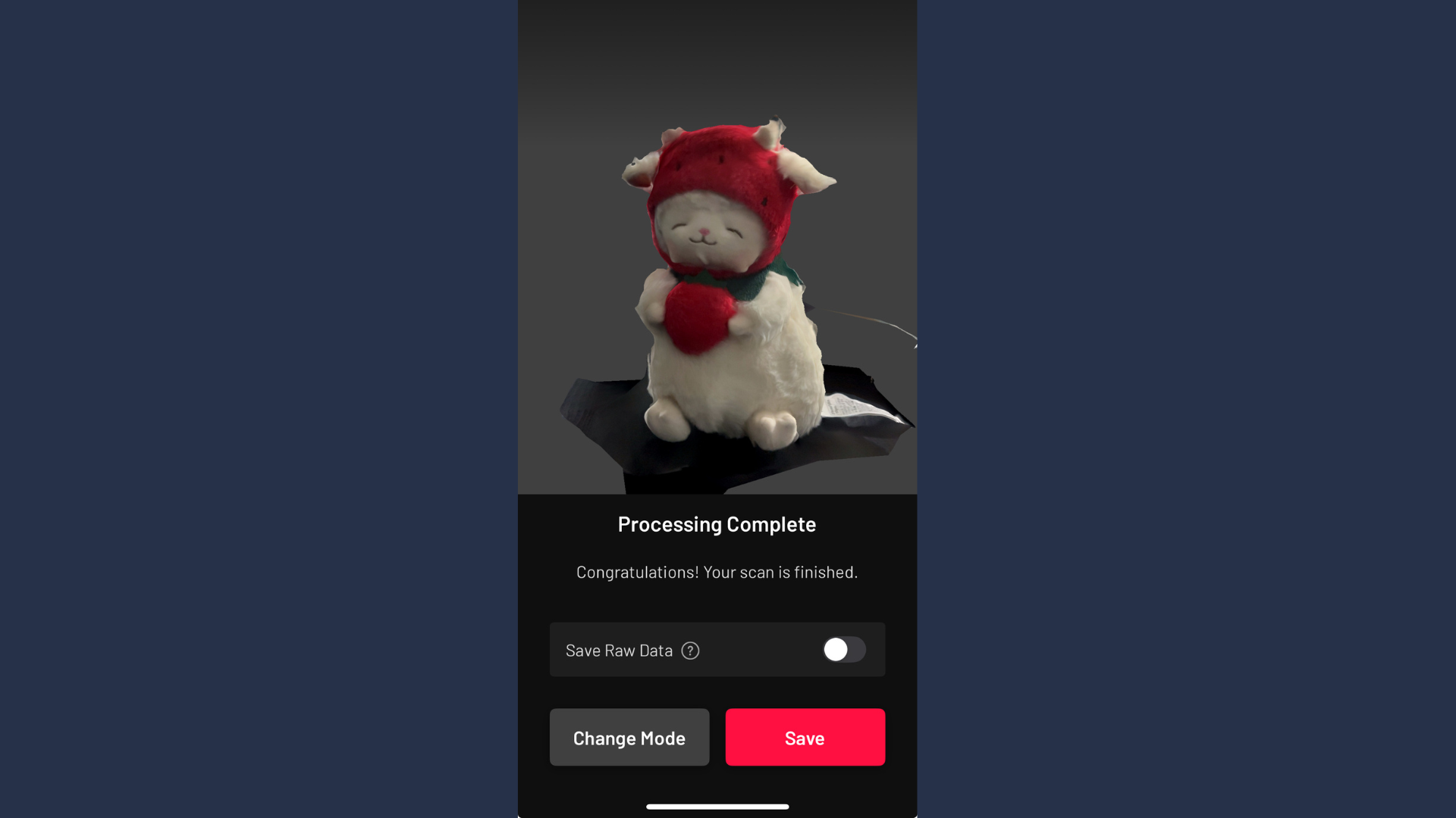This screenshot shows the completed 3D scan of my plush toy in Scaniverse. After finishing the scan, I reviewed the preview and selected the processing mode to prepare it for export into Meshmixer.
