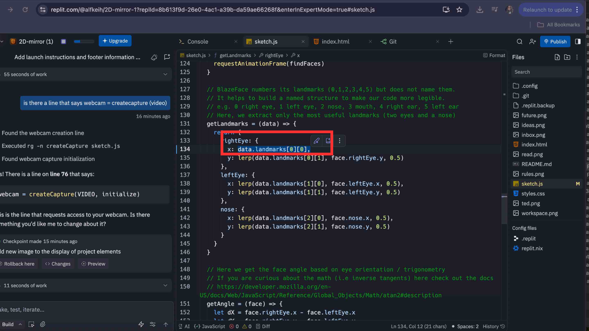 In this screenshot I focused on both the x and y lines for the right eye and understood that each frame, the code updates the eye position by easing toward the new landmark values, which is what makes the tracked movement feel smooth and organic instead of snapping.