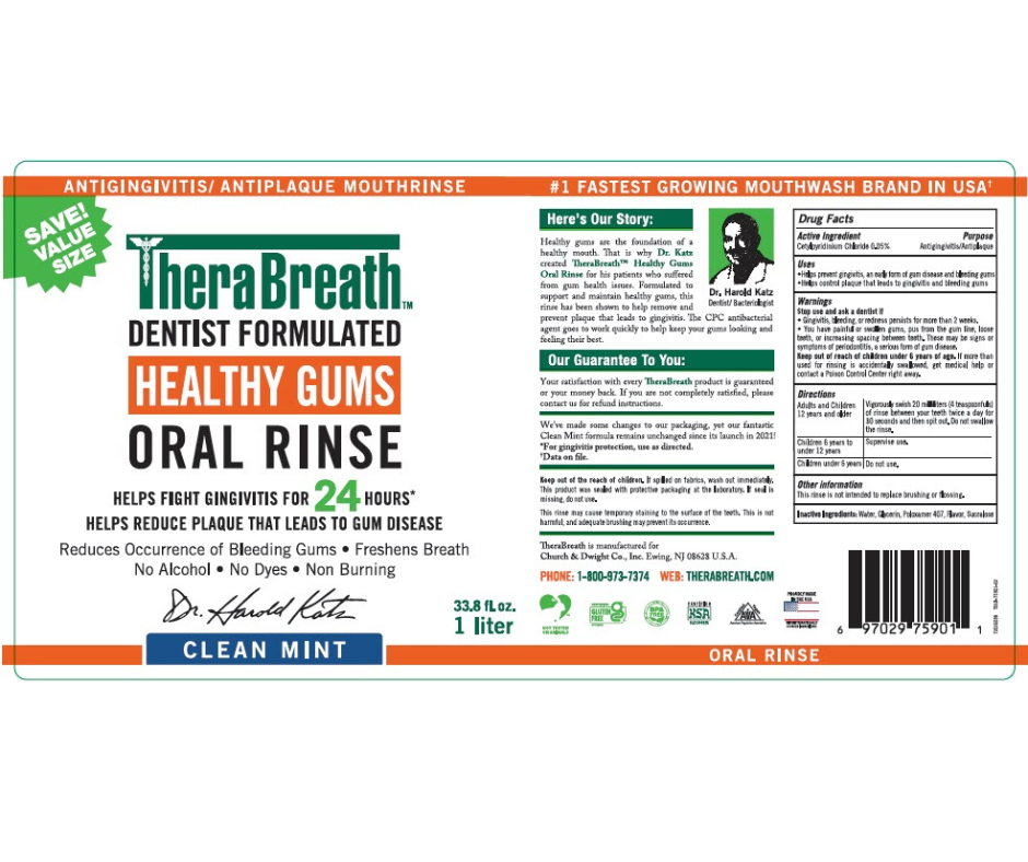 This is the flat TheraBreath label texture I used in Cinema 4D. I found the image separately and uploaded it into the Material Manager. I chose the ‘Healthy Gums’ label instead of the ‘Fresh Breath’ mouthwash that I have, because this was the only flattened label I was able to find online.