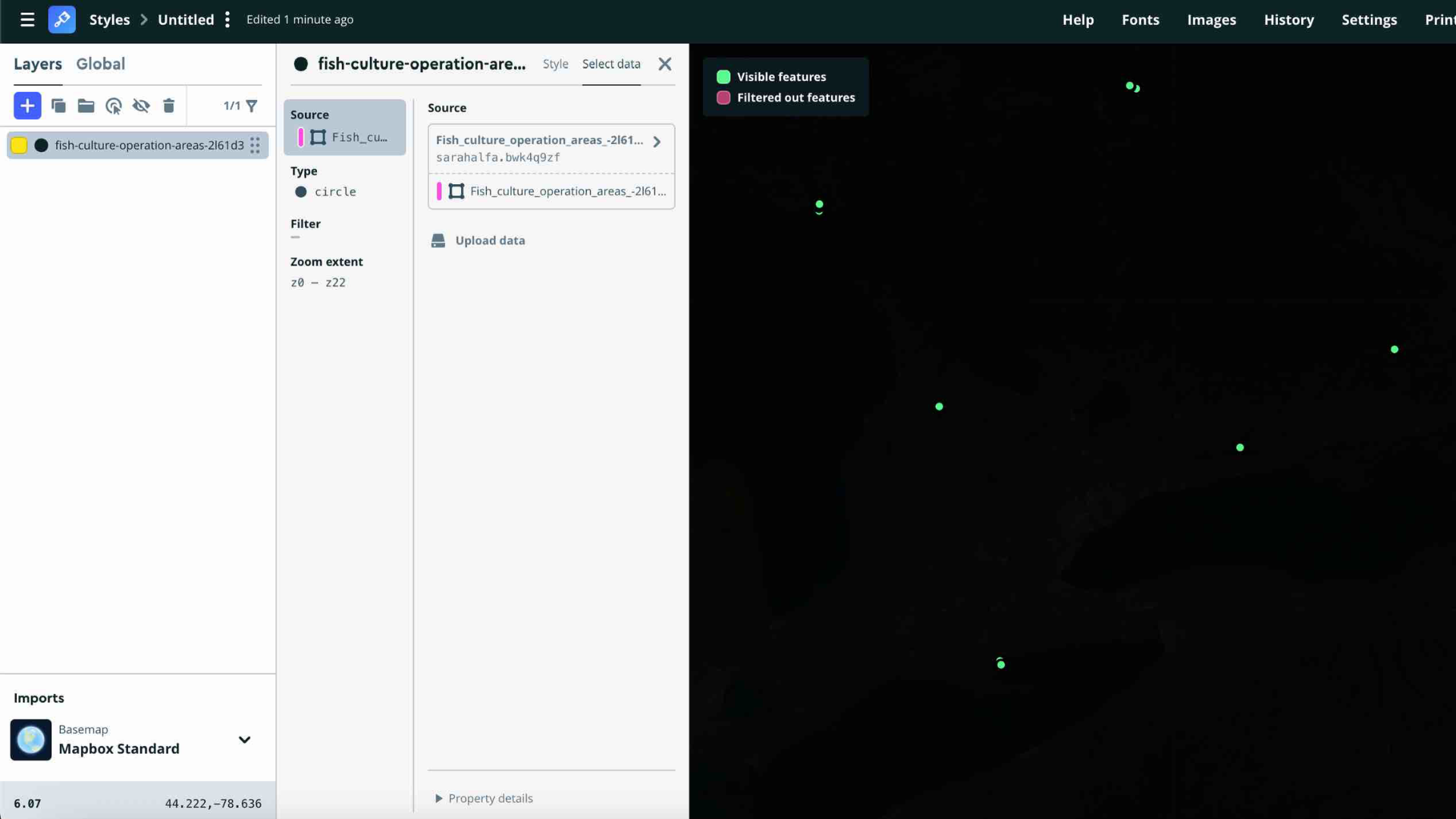 Here, I adjusted the radius of the circles in the fish culture operation dataset to test how changing their size would affect visibility and spacing. I wanted to see if increasing the radius would make the data points appear less scattered and create a clearer visual grouping across the map.