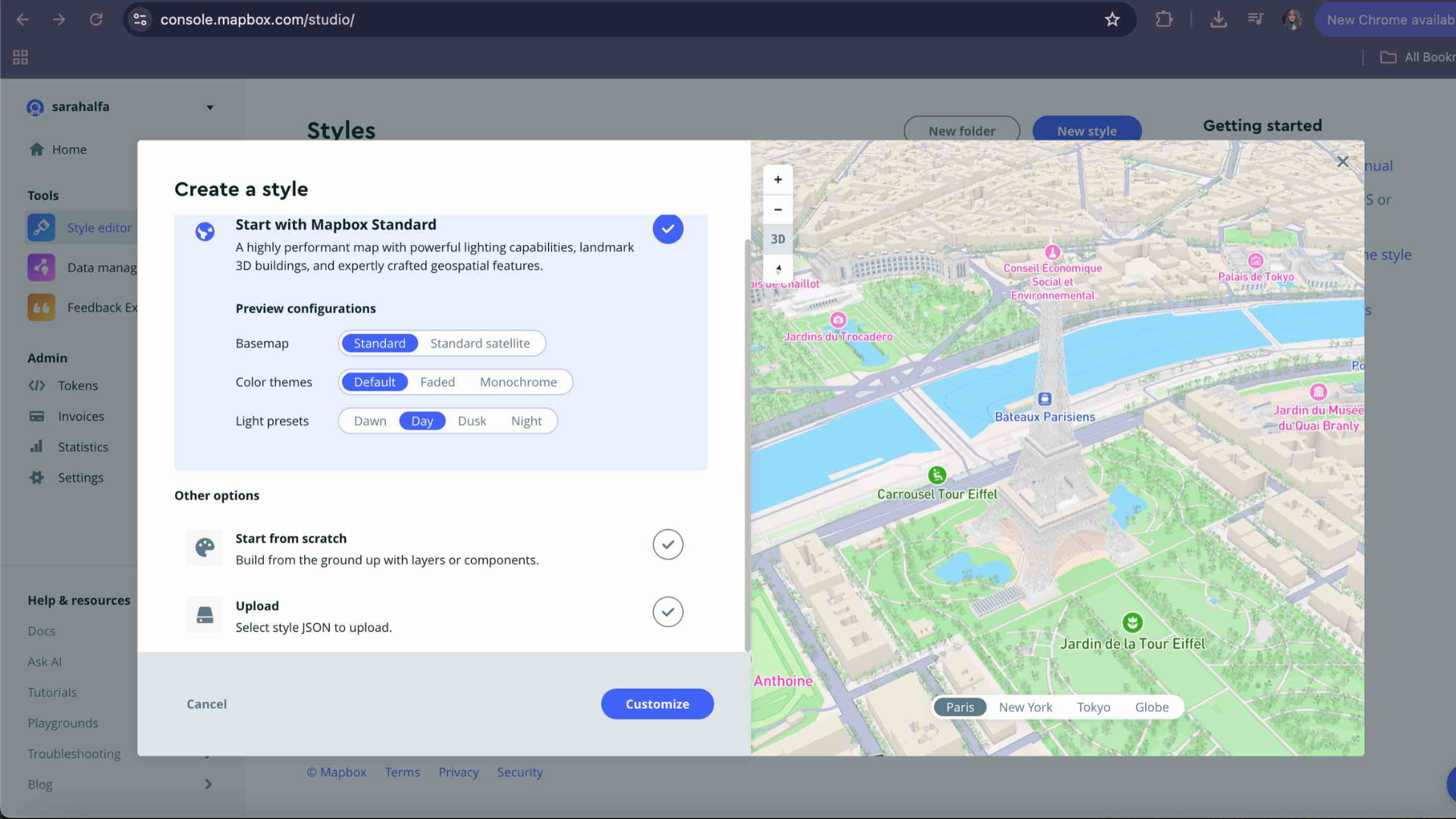 This shows the initial Mapbox style setup I started with. I explored different base options like Standard, Faded, and Monochrome, but decided to use Monochrome mode later on so that when exporting the map to Adobe Illustrator, the lines and shapes could be easily image traced for laser engraving preparation.
