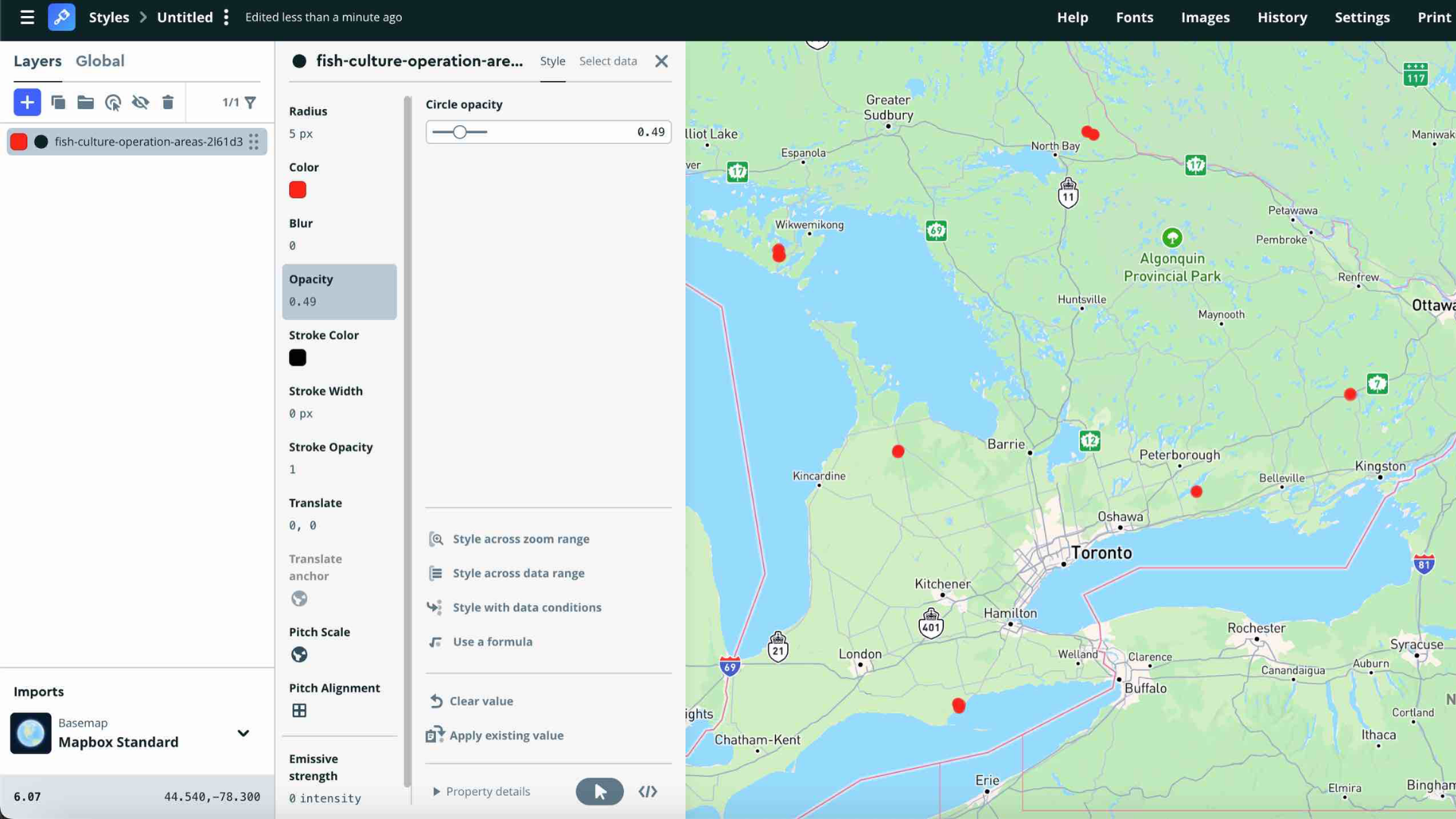 For this test, I uploaded my own JSON dataset from the Ontario Open Data Hub to see how personal data sources could be integrated into Mapbox Studio. The dataset represented fish culture operation areas across all of Ontario, rather than just one region. This helped me understand how to upload and visualize province-wide data and experiment with how it appears on a larger geographic scale.