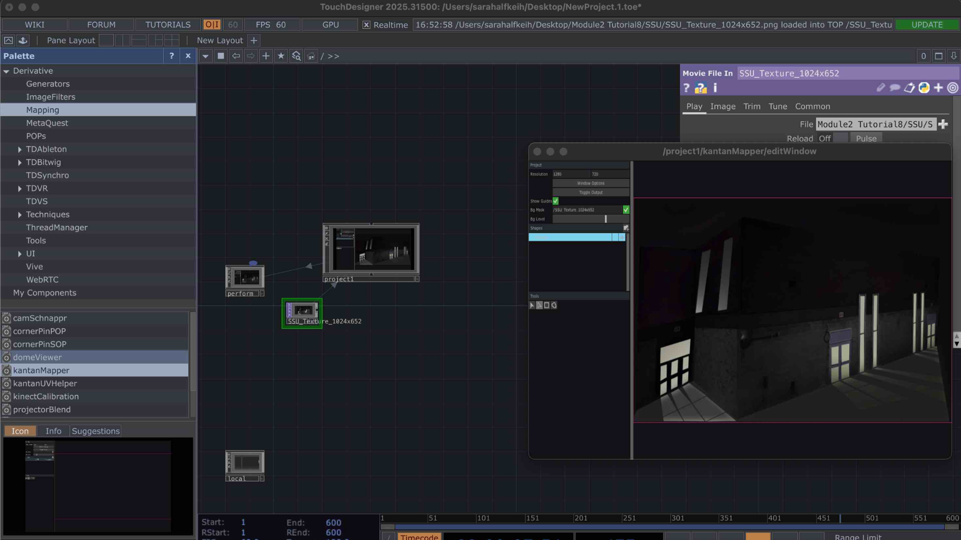 At this stage, I connected the texture to the projection window. The tutorial showed how to align the image properly on the surface and preview how light would react when projected onto a 3D space.
