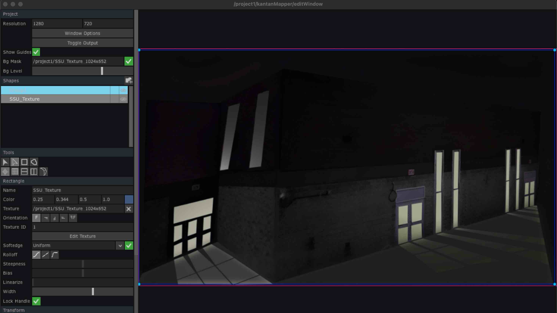Here, I fine-tuned the mapped area using Kantan Mapper. The highlighted shapes represent the building’s windows and walls. This step was mainly to understand how projection mapping can be used to simulate light on real-world architecture.
