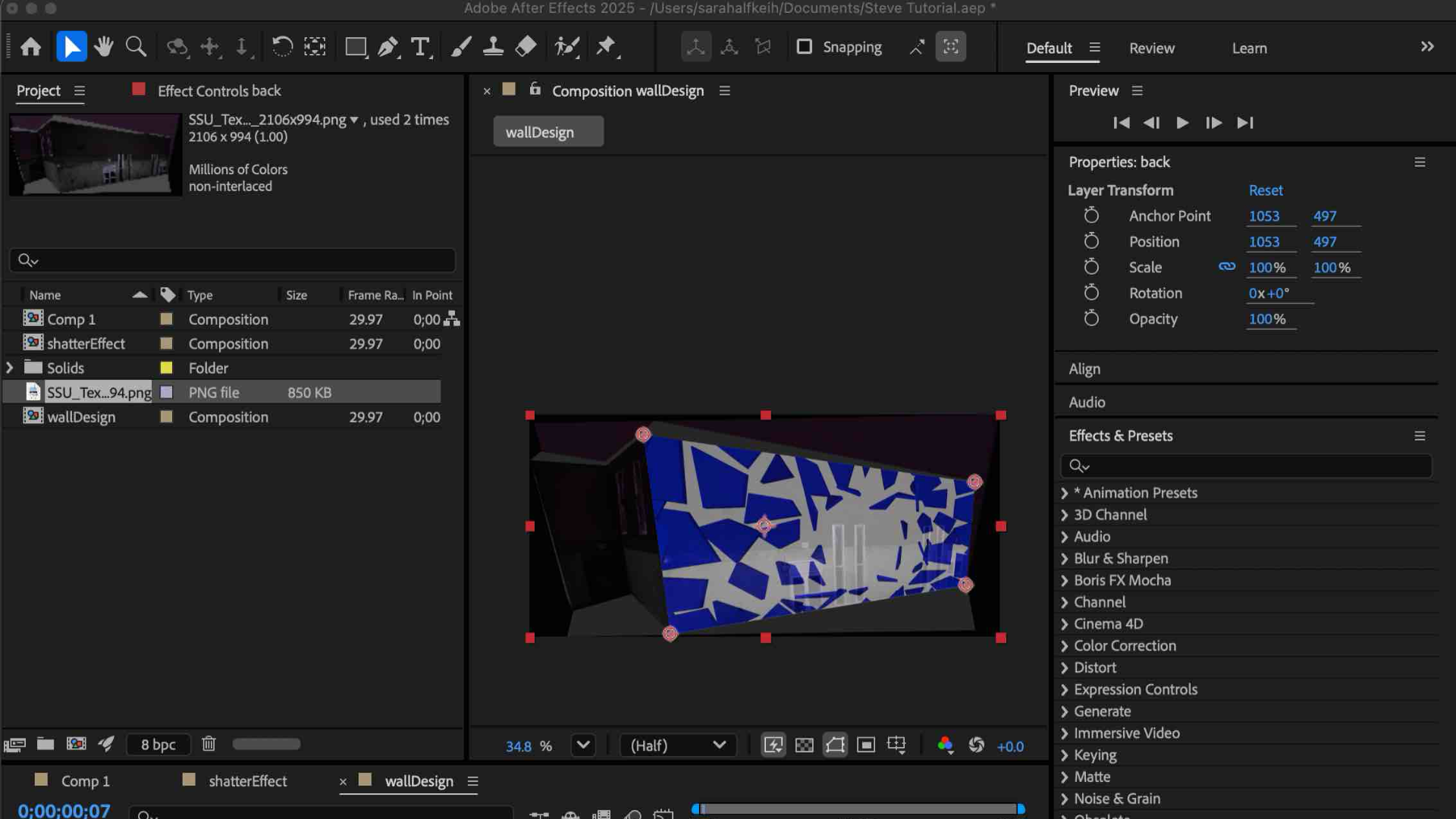 I then applied the shatter animation directly onto the building to make it look like the wall was breaking open. This helped me understand how effects could interact with 3D surfaces.