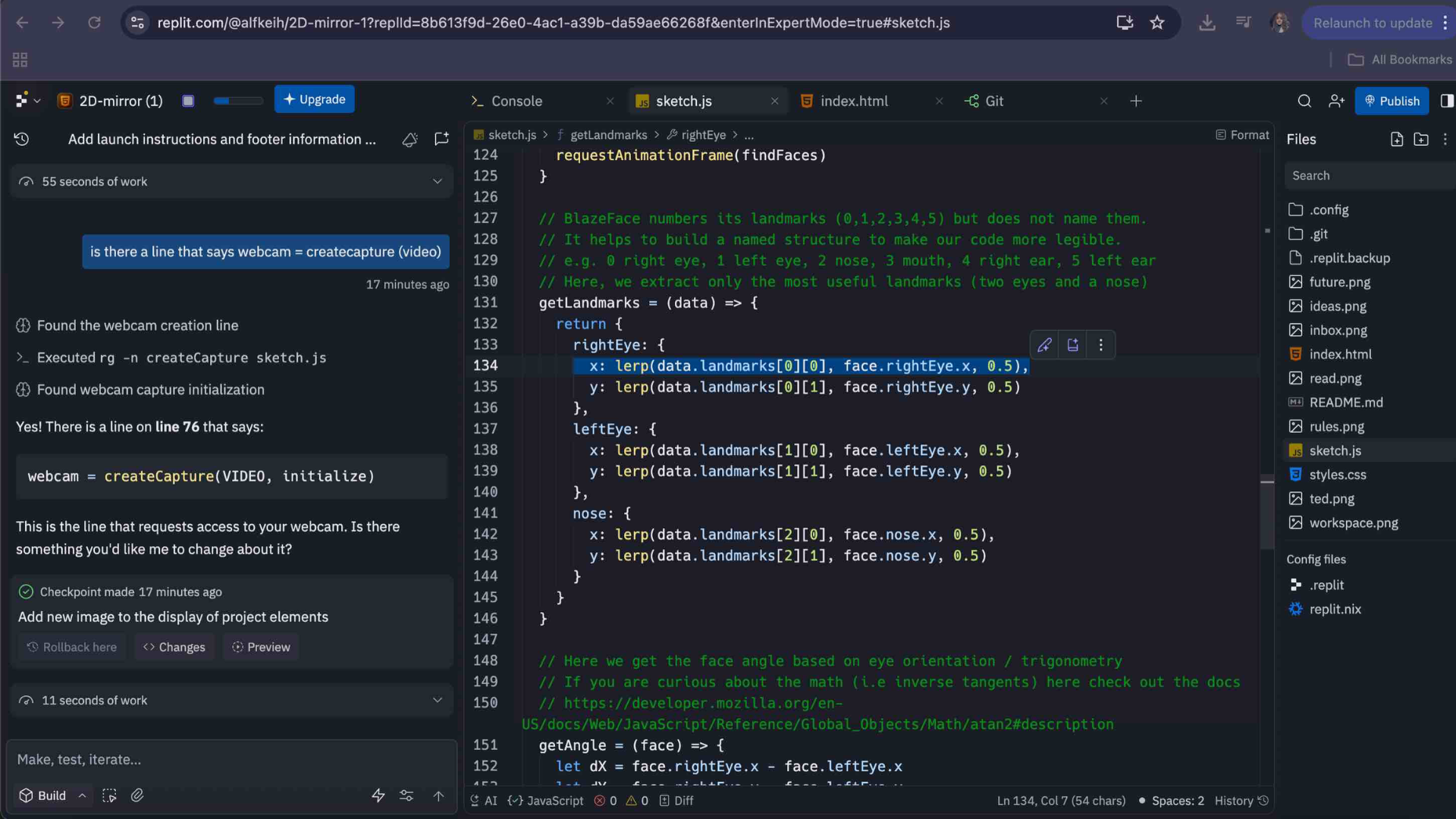 Following Harold’s tutorial, I read the MDN page for Math.atan2() to understand how the sketch calculates the face rotation angle from the difference between the two eye positions, which later controls how my image layers rotate.