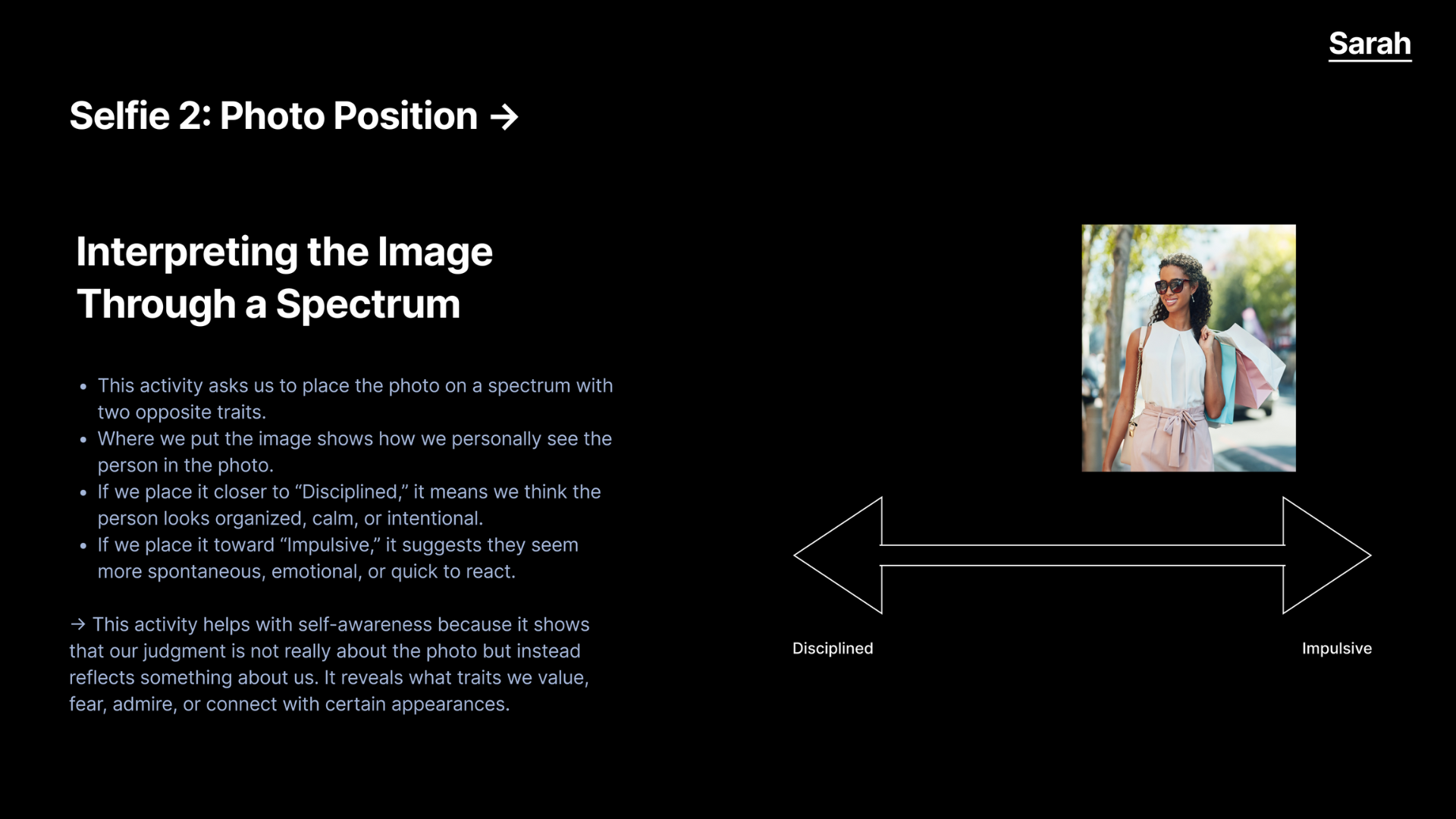 Here, we placed the image on a spectrum from “Disciplined” to “Impulsive.” We discussed where the photo fits based on how we see the person. This showed us how our judgments often come from our own experiences and values, not only the image itself.