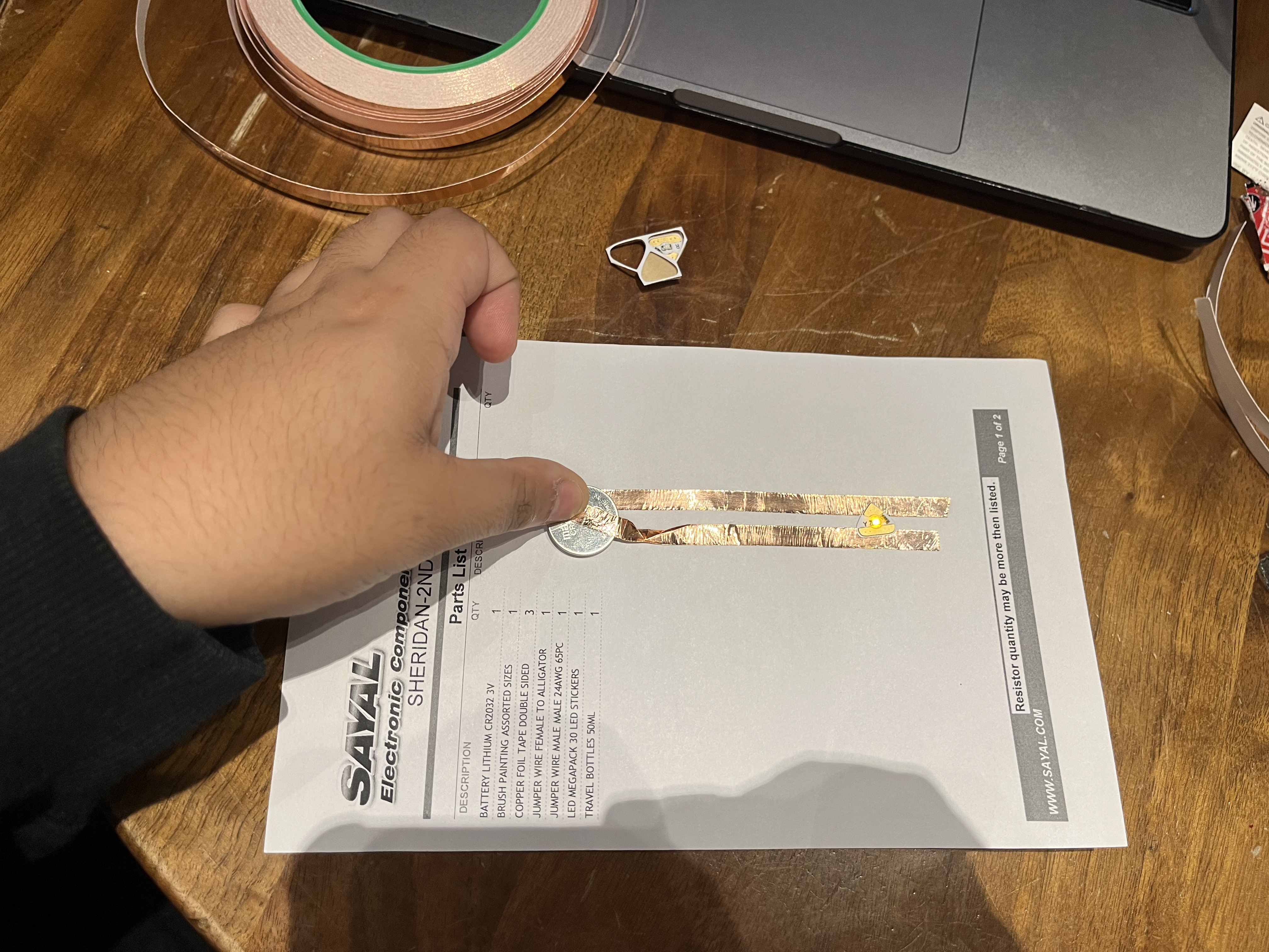 I realized that not i had to flatten the copper tape a bit more for better conductivity, I was noticing the led was flickering