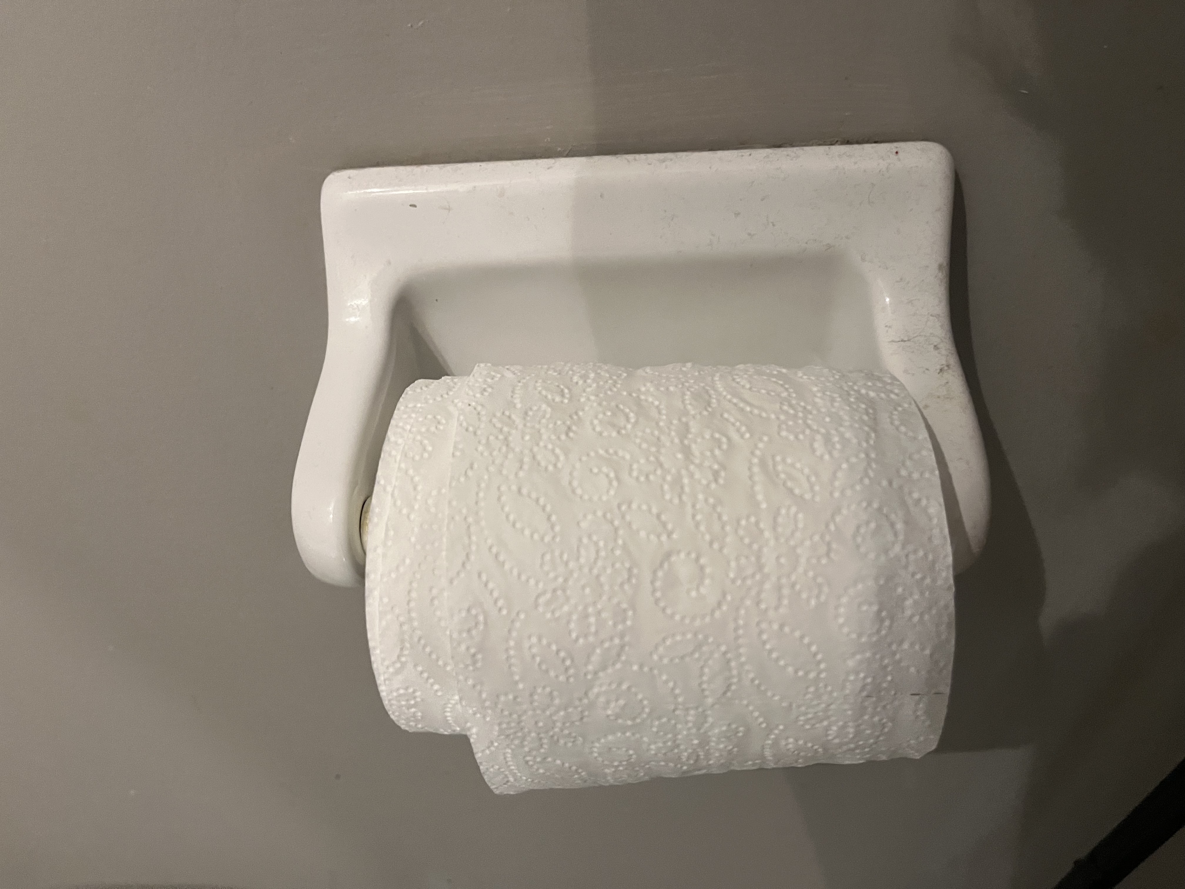 This is the sound of the toilet paper roll spinning, creating a soft, hollow rattling with a light plastic or cardboard rotation noise as it turns on the holder.