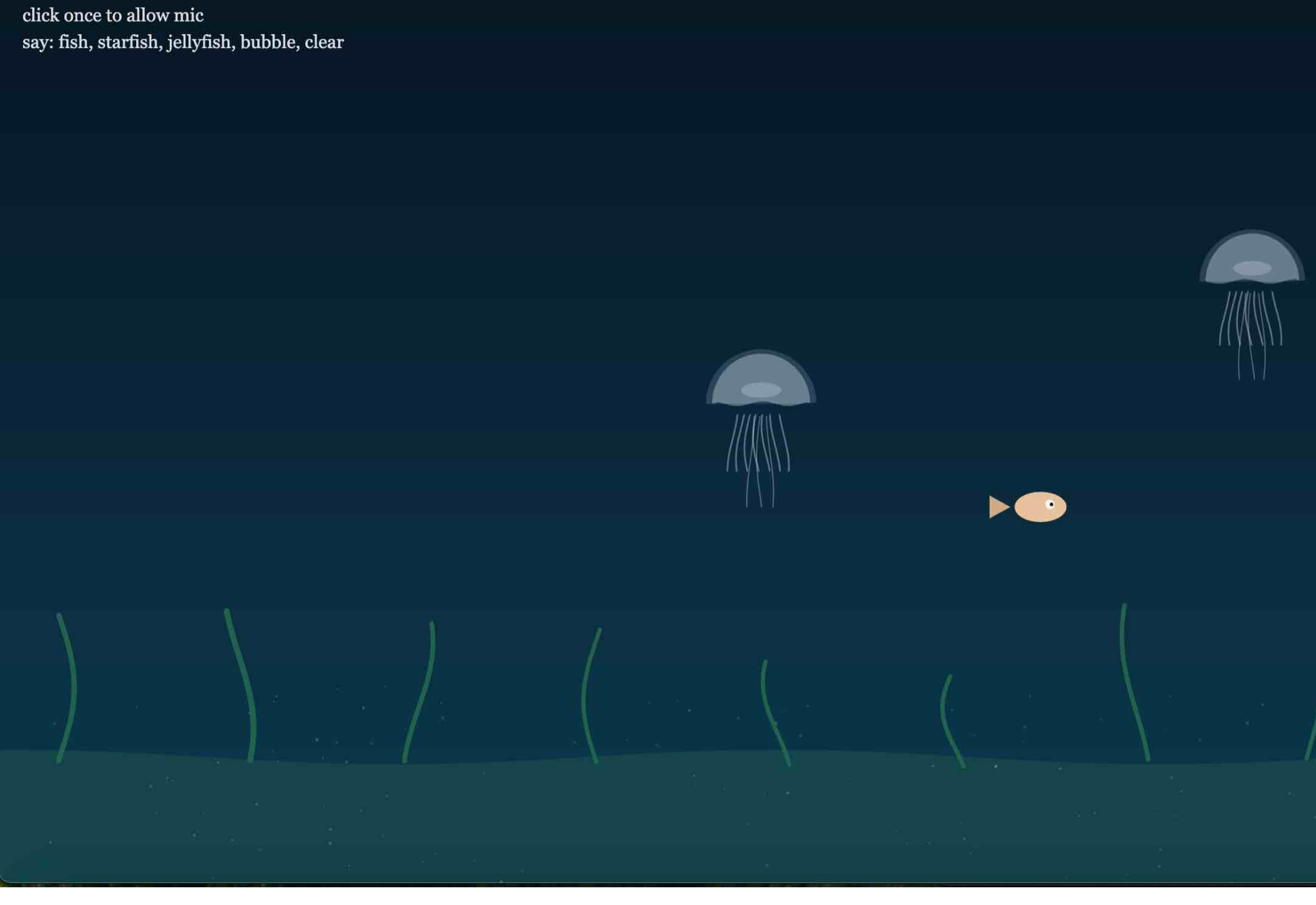 This project uses p5.js, live microphone input, and the browser’s Web Speech API (through SpeechRecognition / webkitSpeechRecognition) to let spoken words control an underwater environment. I used p5.AudioIn() with mic.getLevel() and lerp() to smooth the sound input, which subtly affects motion in the scene like seaweed sway, fish speed, and jellyfish drift. For voice control, I set up the Web Speech API in setupSpeechRecognition(), enabling continuous listening and interim results so it can keep updating in real time. The API converts speech into text through the onresult event, where I loop through results and build a transcript string. I then check that transcript using includes() to detect keywords like “fish,” “starfish,” “jellyfish,” “bubble,” and “clear.” Each word triggers a function that spawns a new object into an array, which is then animated every frame. I also used recognition.onend to automatically restart the API so it keeps listening without stopping. The visuals are built in p5 using functions like lerpColor(), line(), beginShape(), curveVertex(), ellipse(), and sin() to create the ocean background and animate each creature. Finally, mousePressed() is used to unlock both the microphone and the speech recognition (since browsers require user interaction), and windowResized() keeps everything responsive.