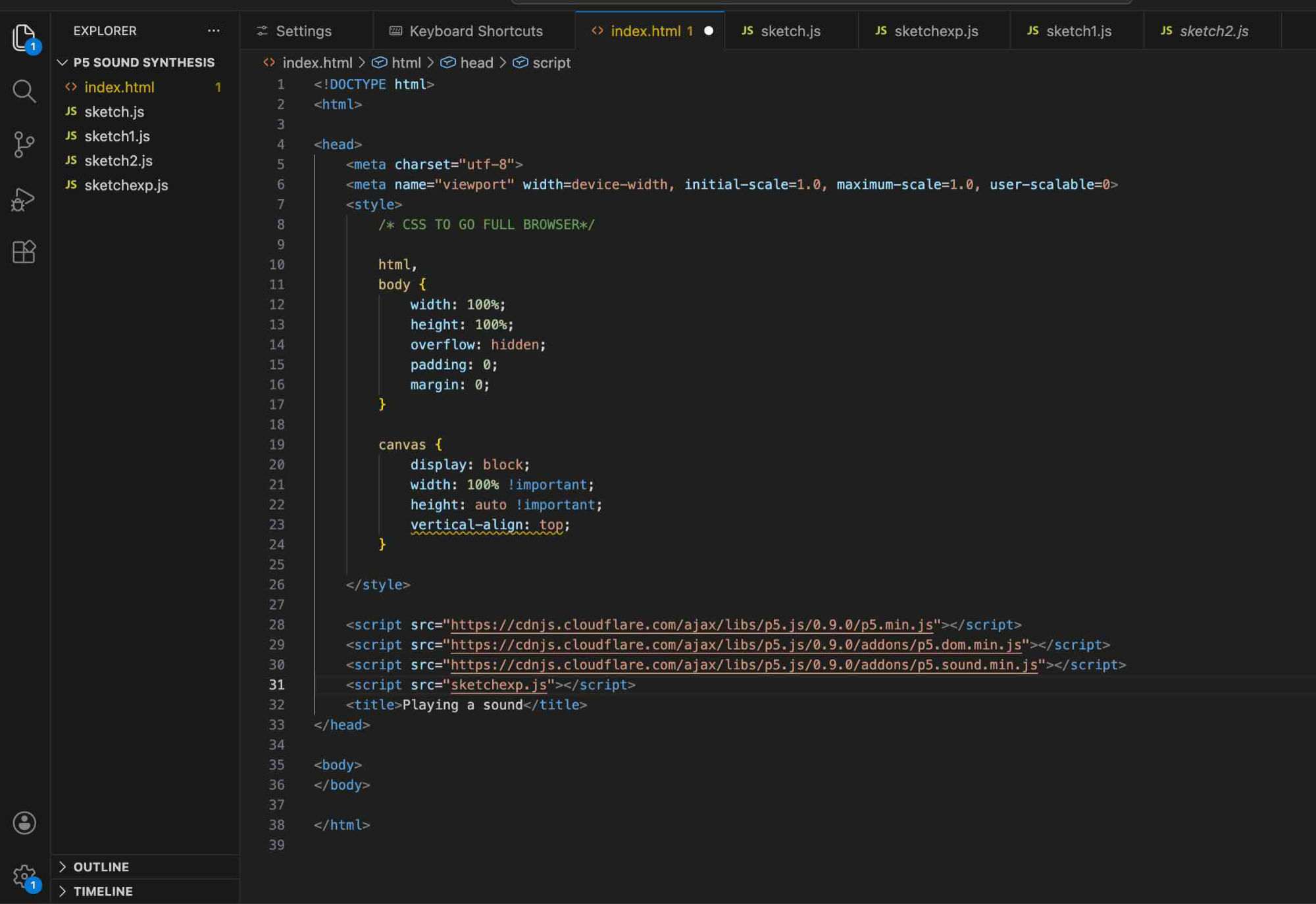 Over here, I copied the sketch.js that was provided in the p5 sound synthesizer and pasted it into a new file named sketchexp.js. I was already looking at ways to make it my own and even began exploring p5 code that I could incorporate into it.