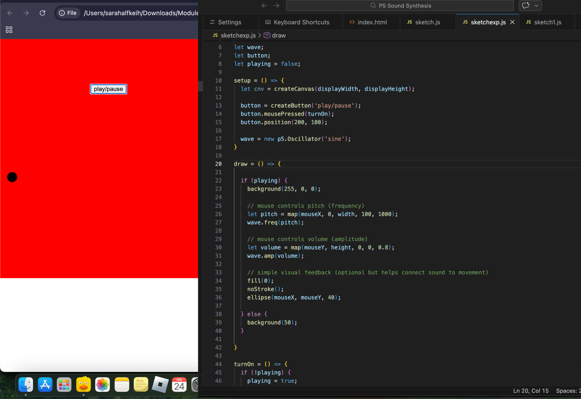 In my sketchexp.js, I added the map() function so mouse movement can control the sound instead of playing one fixed note. Moving the mouse left and right changes the pitch, and moving it up and down changes how loud the sound is. I also added a small circle that follows the mouse so you can visually see where the sound interaction is happening.
<br><br>
Lines of JS code added:
let playing = false;
let pitch = map(mouseX, 0, width, 100, 1000);
wave.freq(pitch);
let volume = map(mouseY, height, 0, 0, 0.8);
wave.amp(volume);
fill(0);
noStroke();
ellipse(mouseX, mouseY, 40);