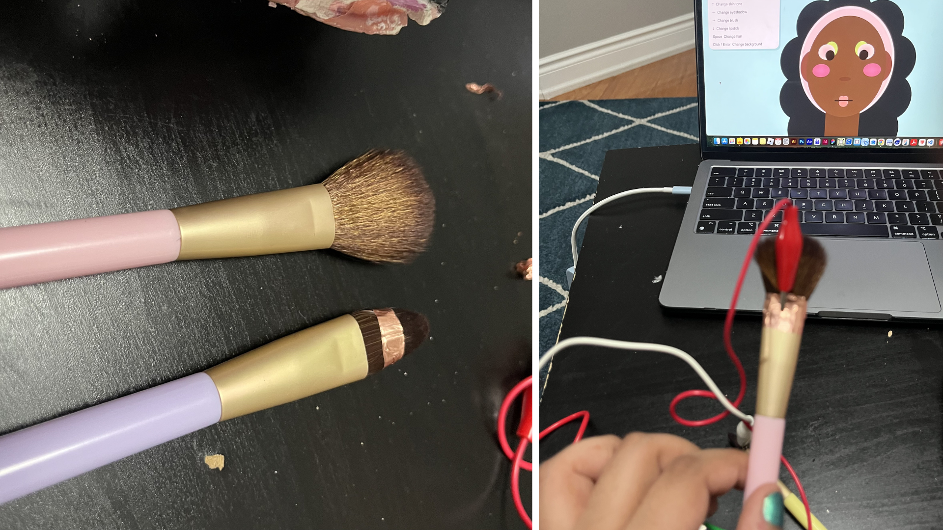 This image shows my trial and error with wrapping conductive tape around the brush. I realized that the metal part holding the bristles is already conductive, so I only added tape near that area. To trigger a reaction, the Makey Makey needs to connect to that metallic part.